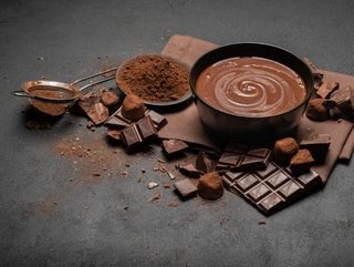Bol de chocolat fondu, cacao en poudre, truffes et carrés de chocolat noir sur une ardoise