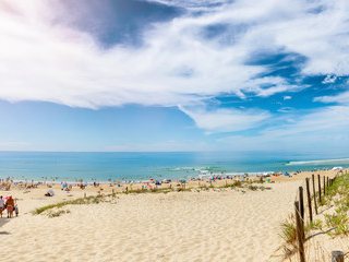 Promeneurs sur une grande plage de sable bordée de dunes, face à l'océan