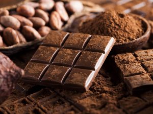 Une tablette de chocolat noir saupoudrée de cacao