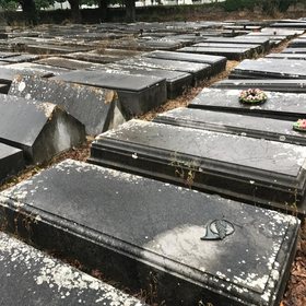 Gros plan sur des tombes séfarades en pierre sombre, couvertes de lichen, certaines en forme de toit